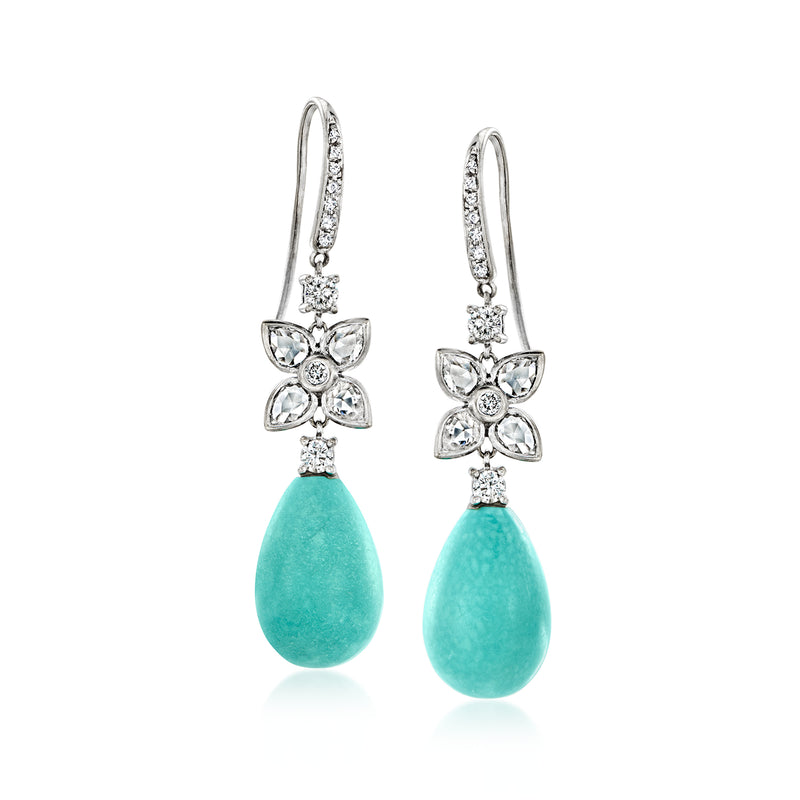 Turquoise teardrop drop earrings with diamond flower caps, 18kt white gold earwire