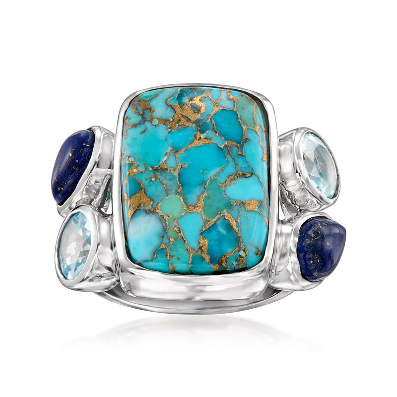 Sterling silver ring: square turquoise center, blue lapis sides, sky-blue topaz rounds