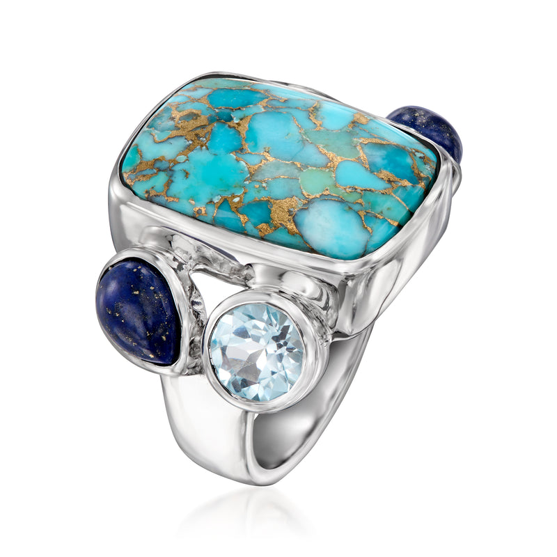 Sterling silver ring with tilted square turquoise stone, blue lapis, and large sky-blue gemstone