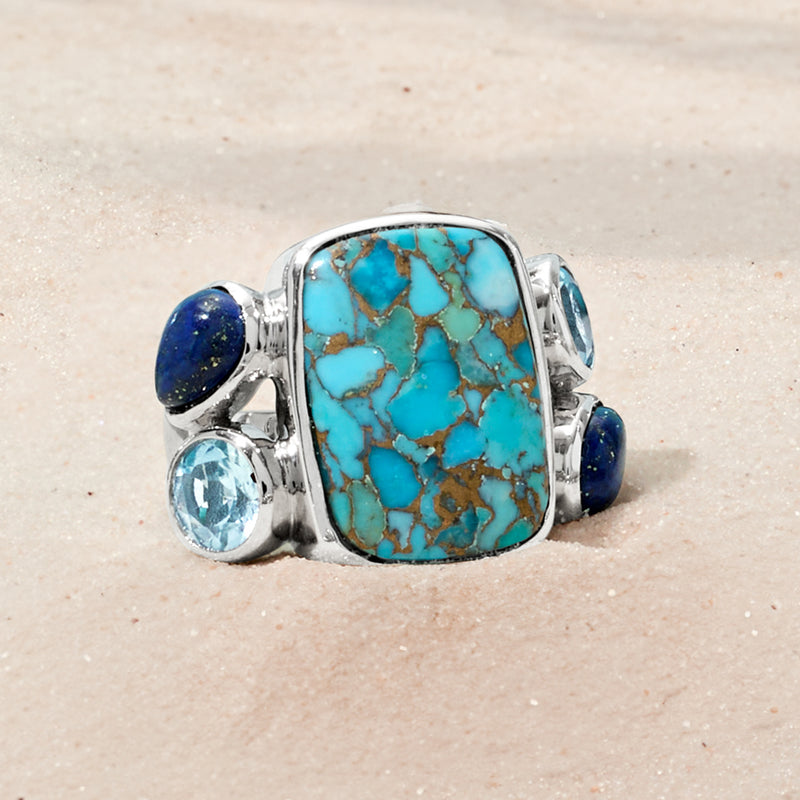 Sterling silver ring with square turquoise cabochon, blue lapis oval accents, sky-blue stone