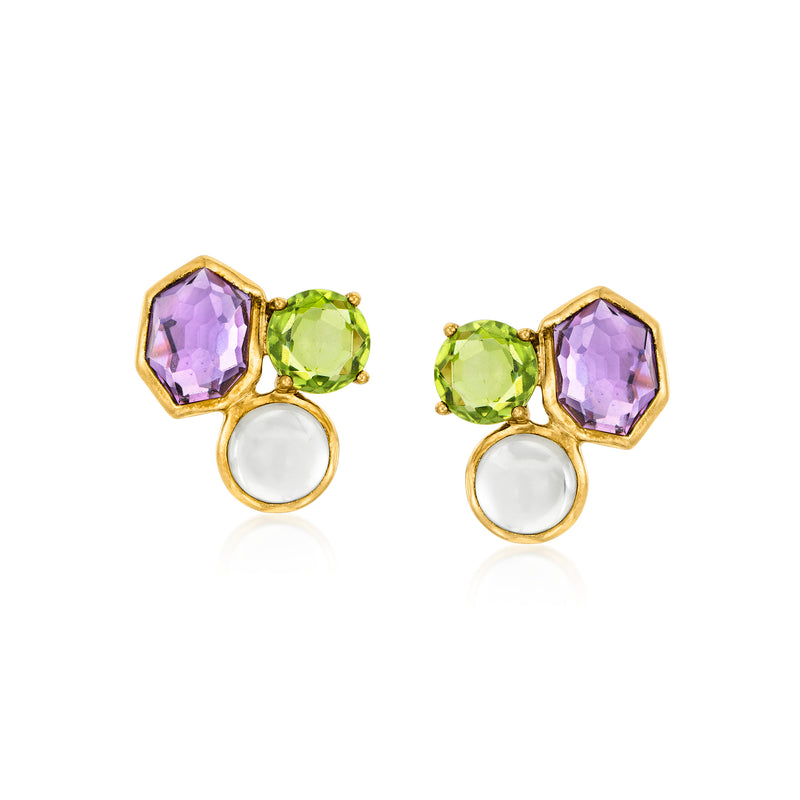 18kt yellow gold post earrings with purple and green octagon-cut stones, with dangling hoop