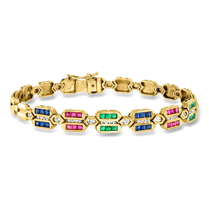 18kt yellow gold bracelet with geometric multi-gemstone links and diamond accents
