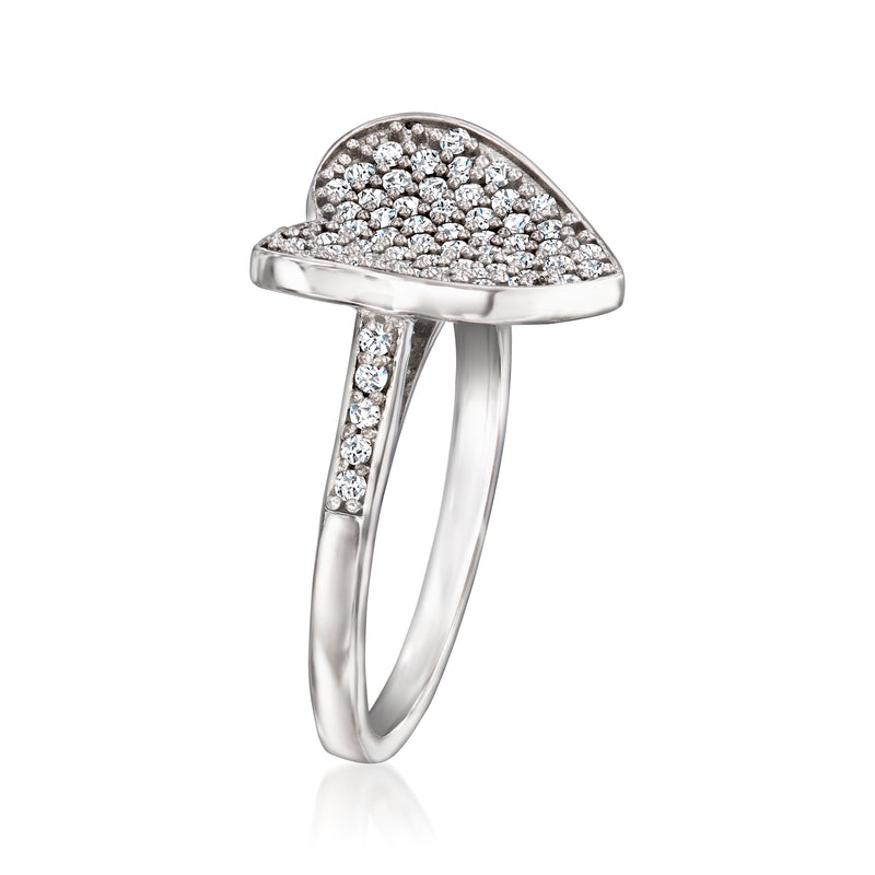 Sterling silver heart diamond pave ring with slim band and side stones