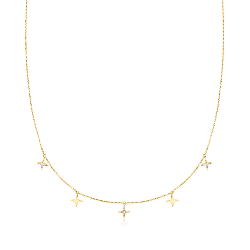 14kt yellow gold diamond star station necklace with five hanging star charms
