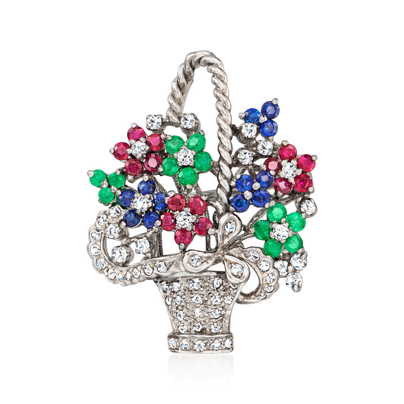 White gold flower basket pin/pendant with pink, green, and blue gem blossoms