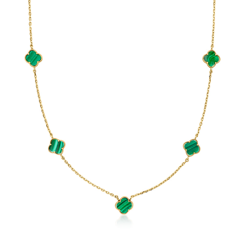 10kt yellow gold station necklace with five green malachite clover charms