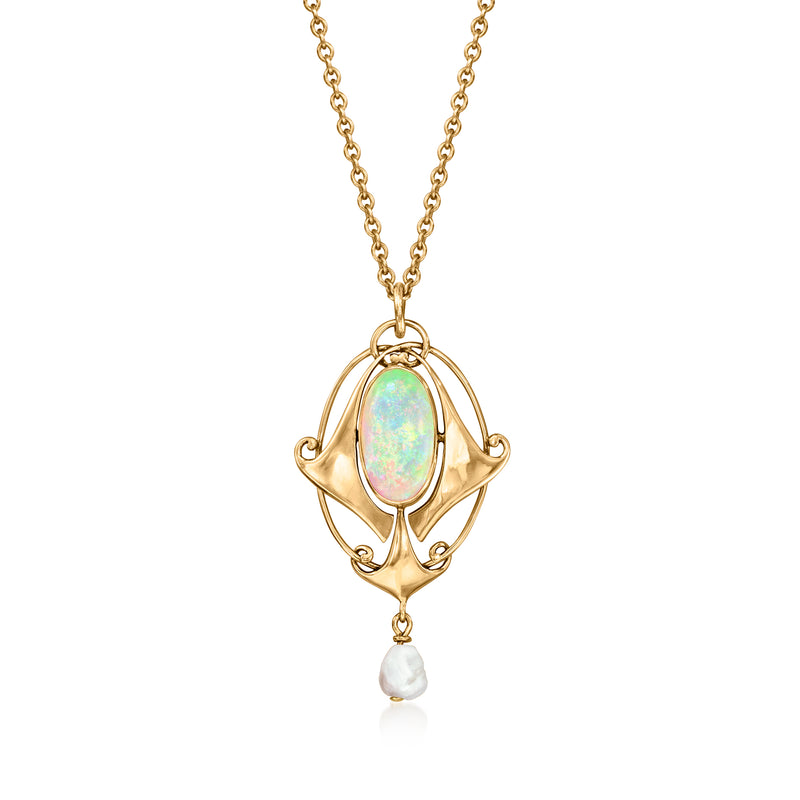 9kt yellow gold pendant necklace with opal cabochon, filigree frame, and cultured pearl