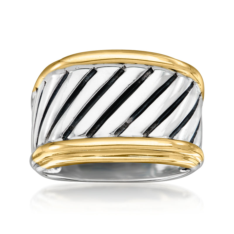 David Yurman vintage striped ring in sterling silver and 14kt yellow gold with black bands