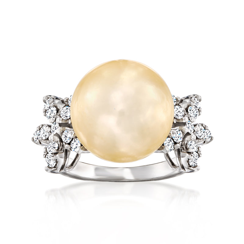 Vintage 14kt white gold floral ring with golden round cultured pearl and diamond clusters