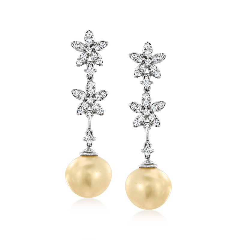14kt white gold drop earrings with diamond floral motifs and golden cultured pearl drops