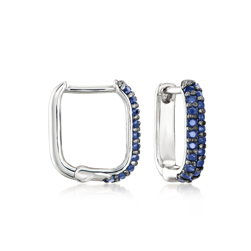 Sterling silver hoop earrings with blue sapphire channel stones, square-cut link style