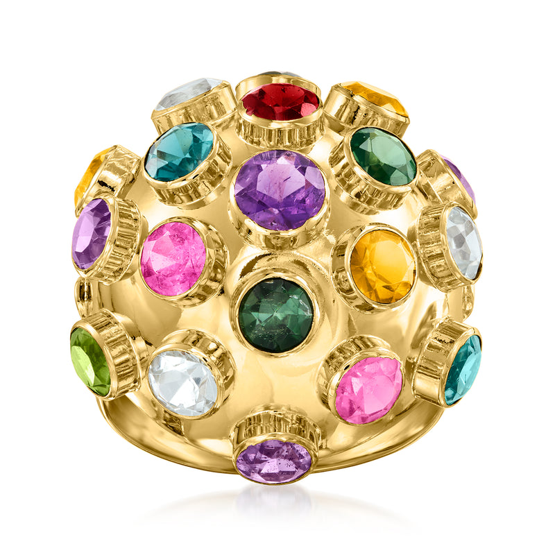 18kt yellow gold dome ring with multicolor gemstones and prong settings
