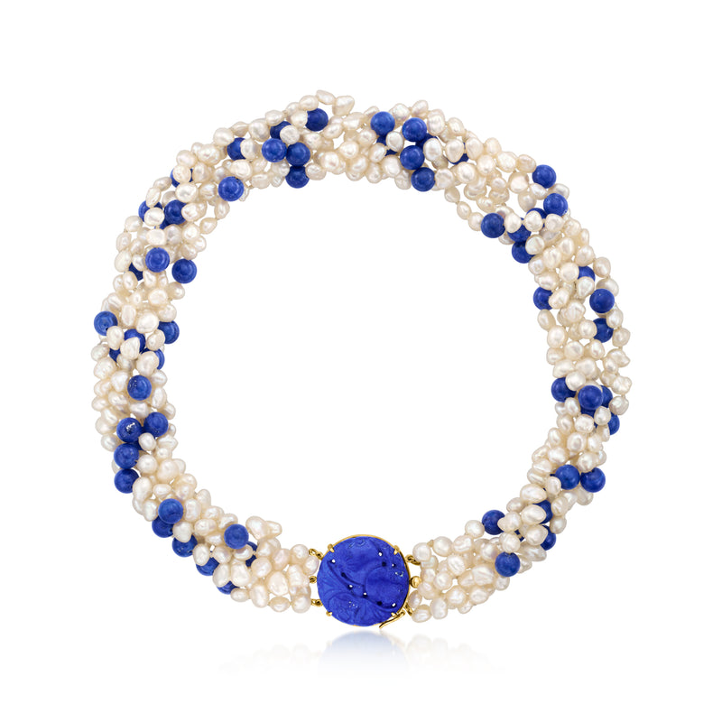 Vintage pearl and lapis torsade necklace with round blue clasp