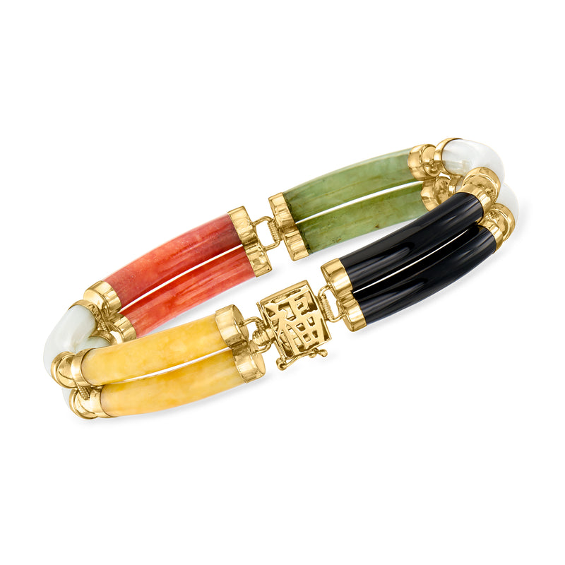 Multicolored jade slab bracelet in 14kt yellow gold with hinged segments
