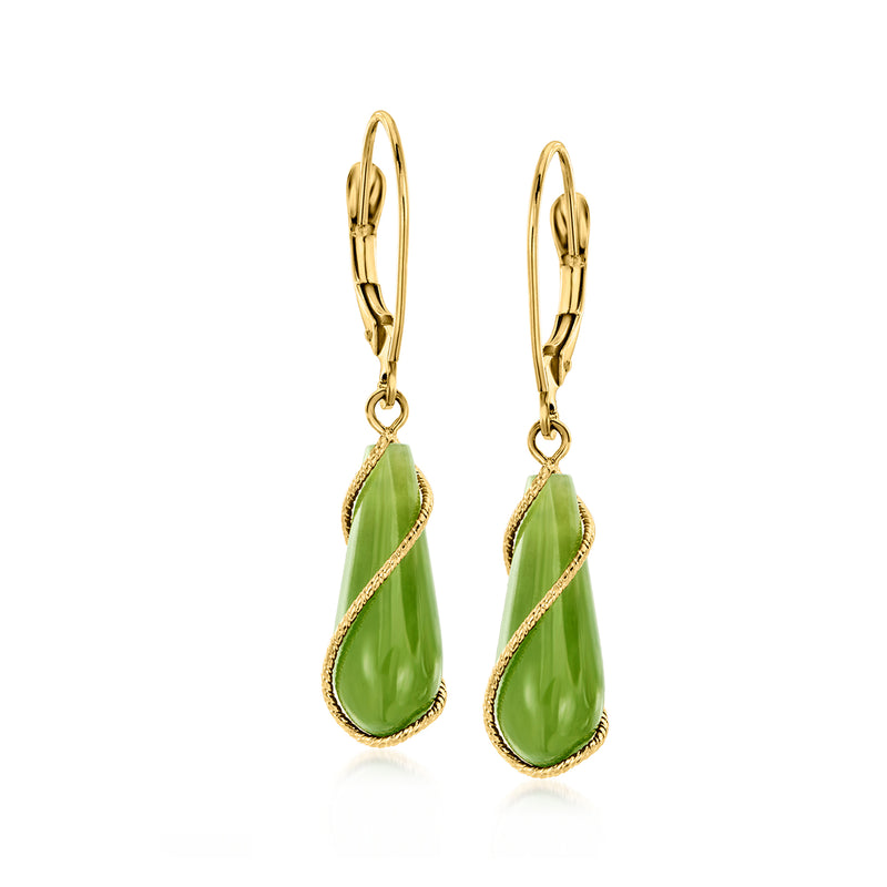 Vintage nephrite drop earrings, 14kt yellow gold with green teardrop stones