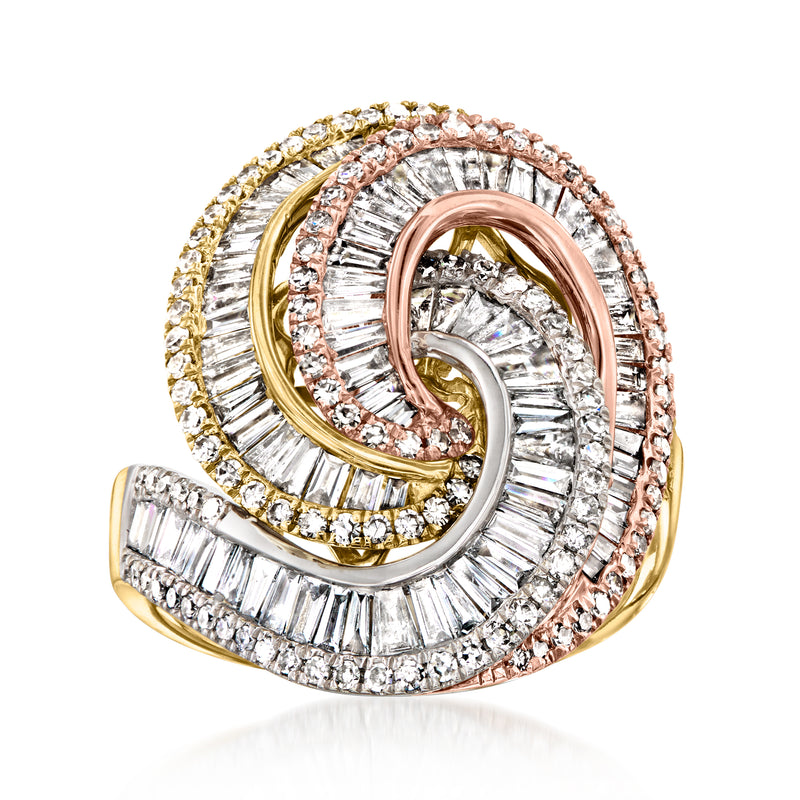 Tri-colored gold diamond spiral ring with mixed rose, yellow, and white baguette stones