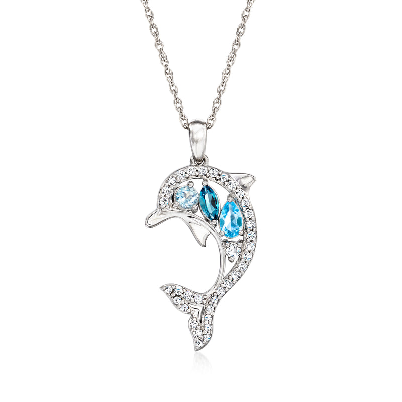 Sterling silver dolphin pendant necklace with oval blue gemstones and clear accents