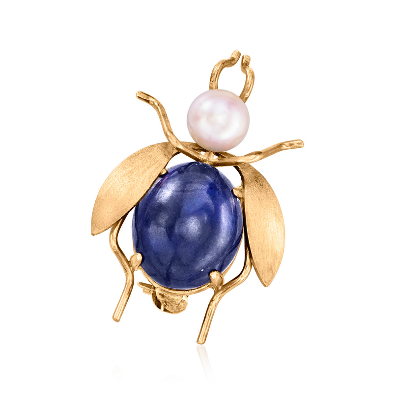 14kt yellow gold insect pin with lapis oval center and cultured pearl body