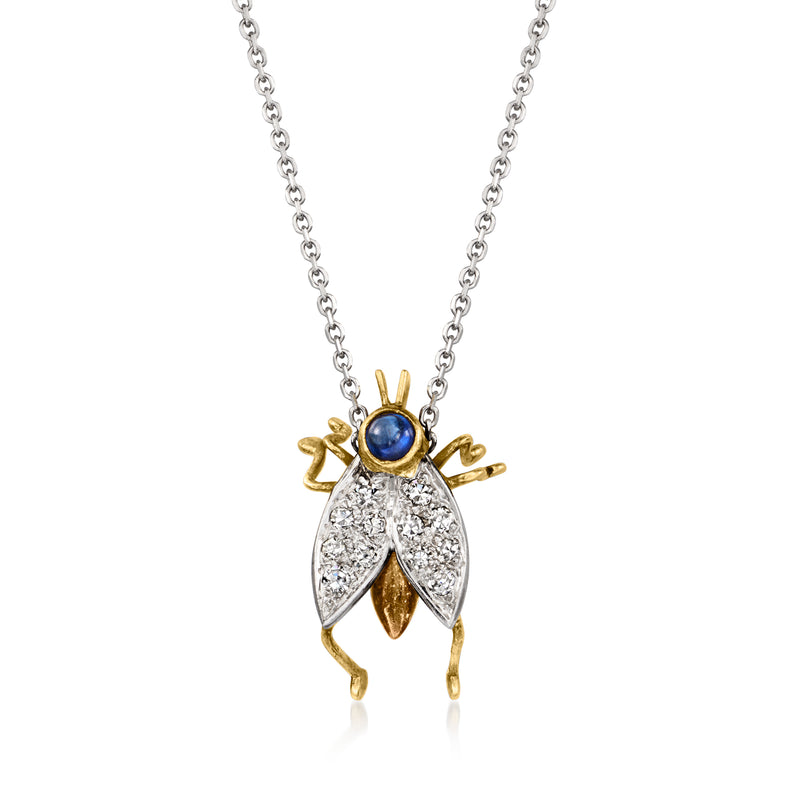 Two-tone gold bumblebee necklace with blue sapphire center and diamond wings