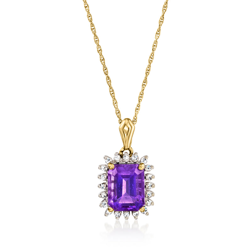 14kt yellow gold pendant necklace with purple amethyst center and diamond halo