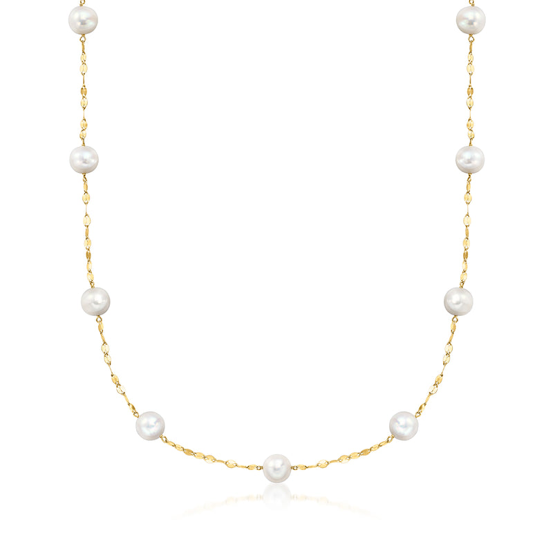 14kt yellow gold chain pearl station necklace with round cultured pearls
