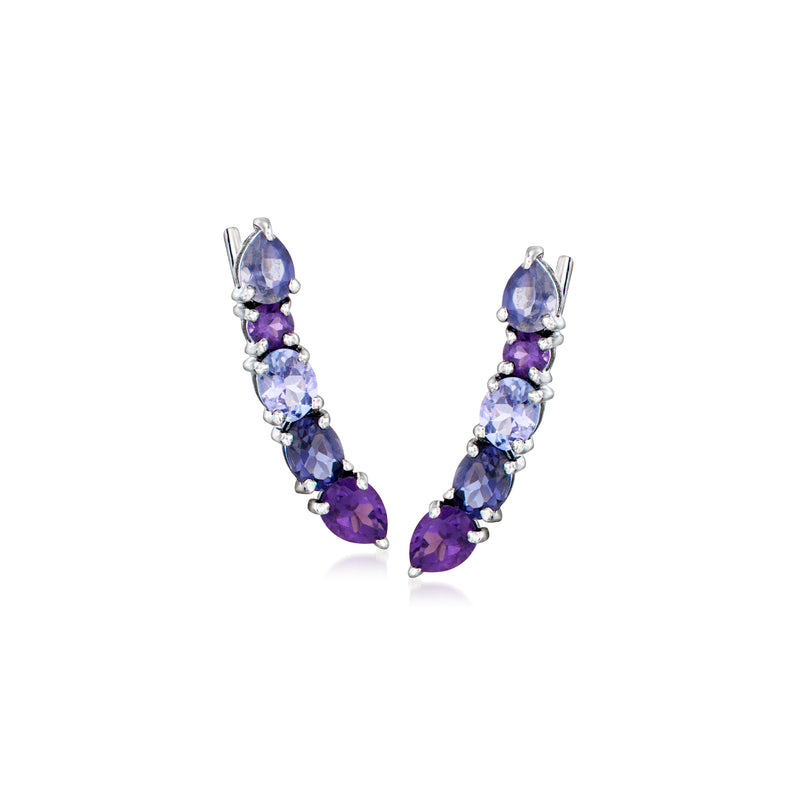 Sterling silver ear climber earrings with stacked blue-purple teardrop stones