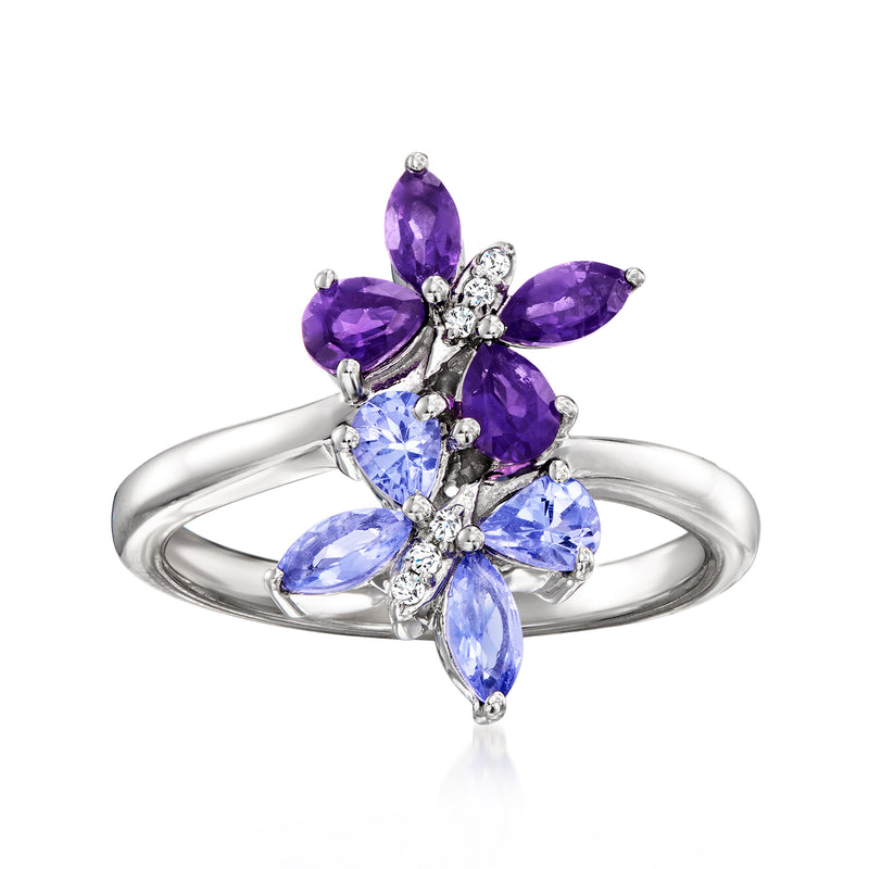Sterling silver butterfly ring with amethyst purple and tanzanite blue marquise stones