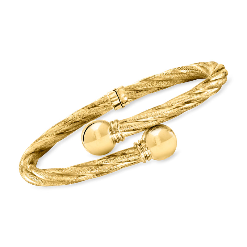 18kt yellow gold bypass bangle bracelet, braided texture with oval end links
