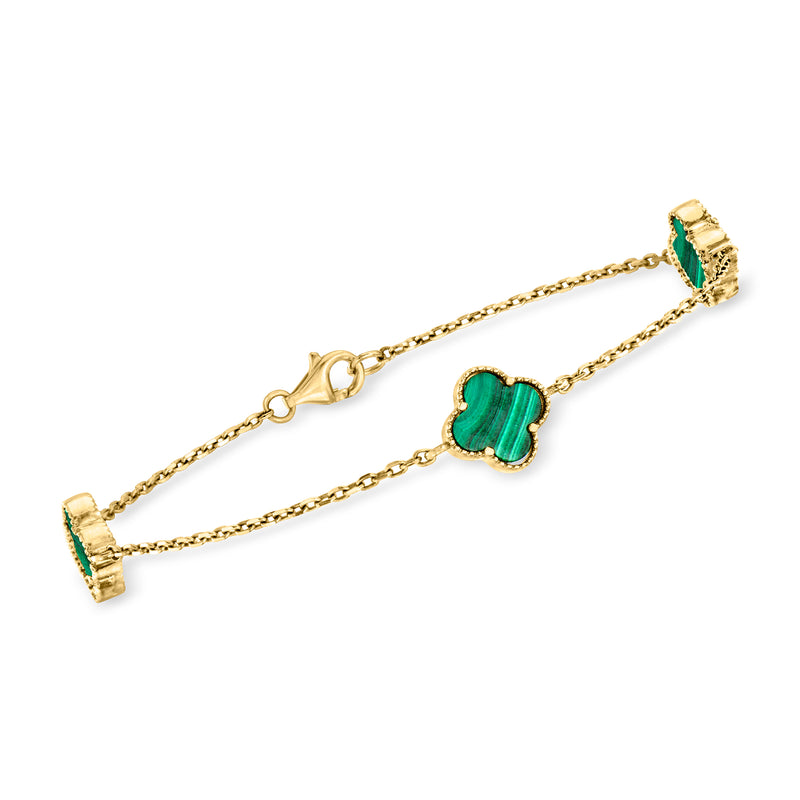10kt yellow gold bracelet with malachite clover station links