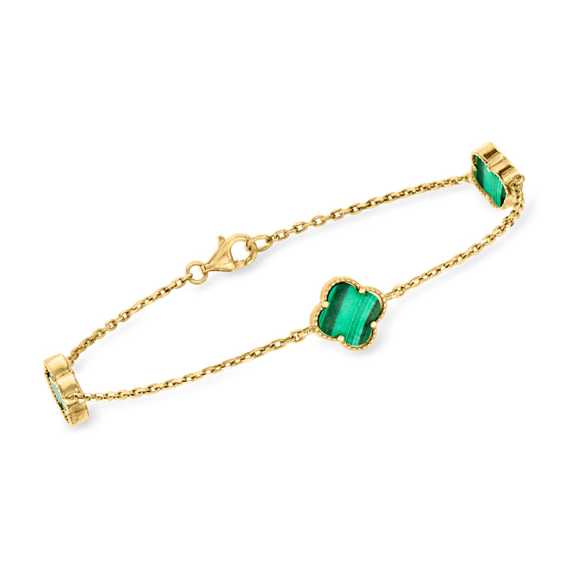 10kt yellow gold bracelet with green malachite clover station links