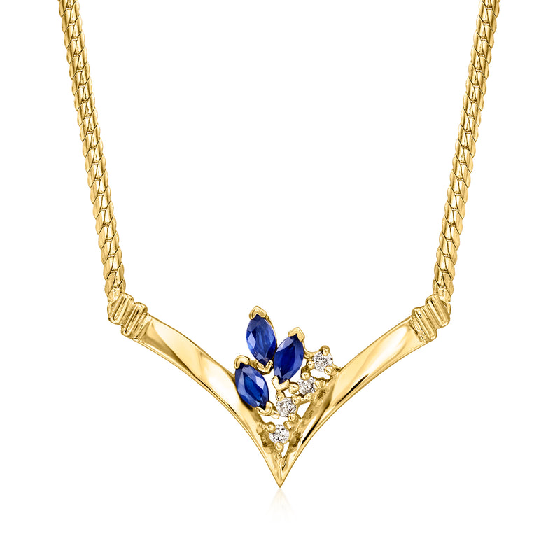 14kt yellow gold V-necklace with blue sapphire drops and small diamond accents