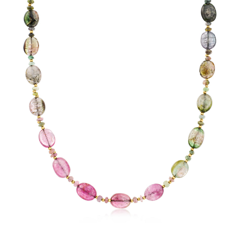 Multicolored tourmaline bead necklace with oval gemstones on 14kt yellow gold chain