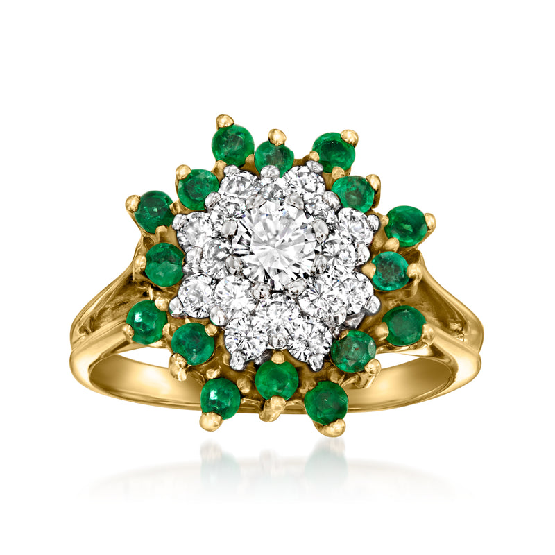 14kt yellow gold cluster ring with round diamonds center and green emerald accents