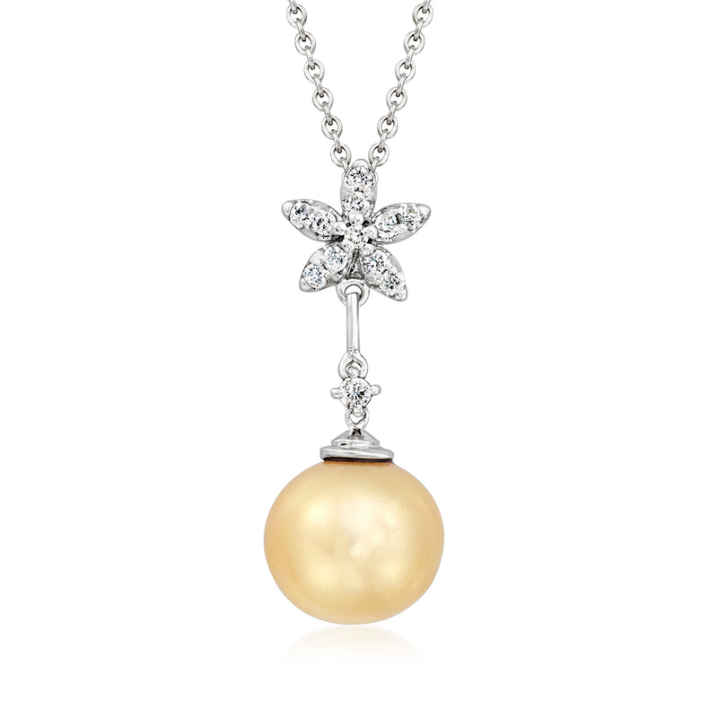 Golden pearl drop pendant with diamond floral cap on white gold chain