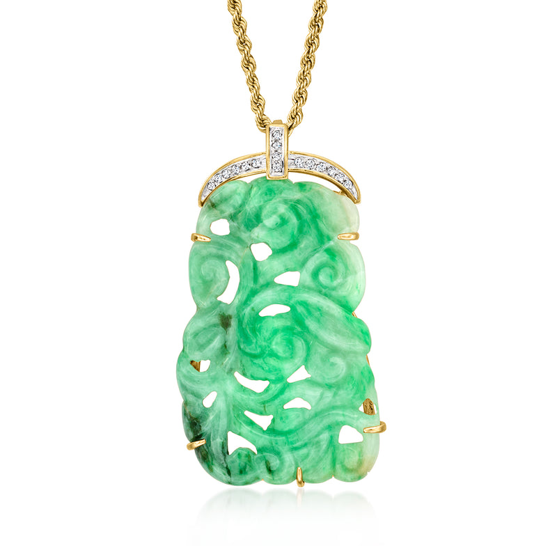 Vintage carved jade pendant necklace in 14kt yellow gold with diamond accents