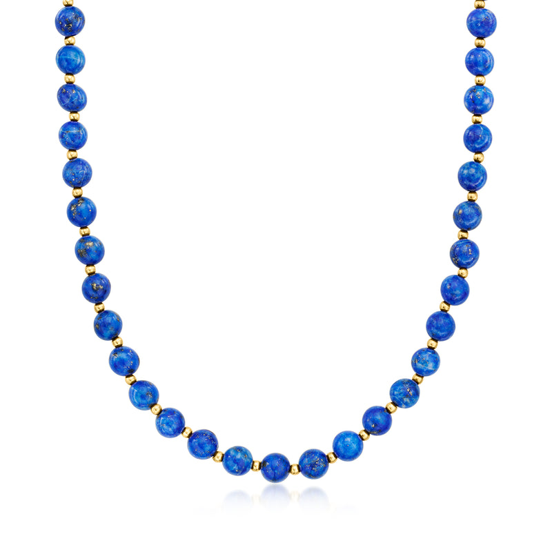 Vintage lapis bead necklace with round blue beads and 14kt yellow gold spacers