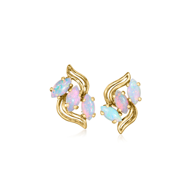 14kt yellow gold opal leaf stud earrings with oval opal stones and curved prongs