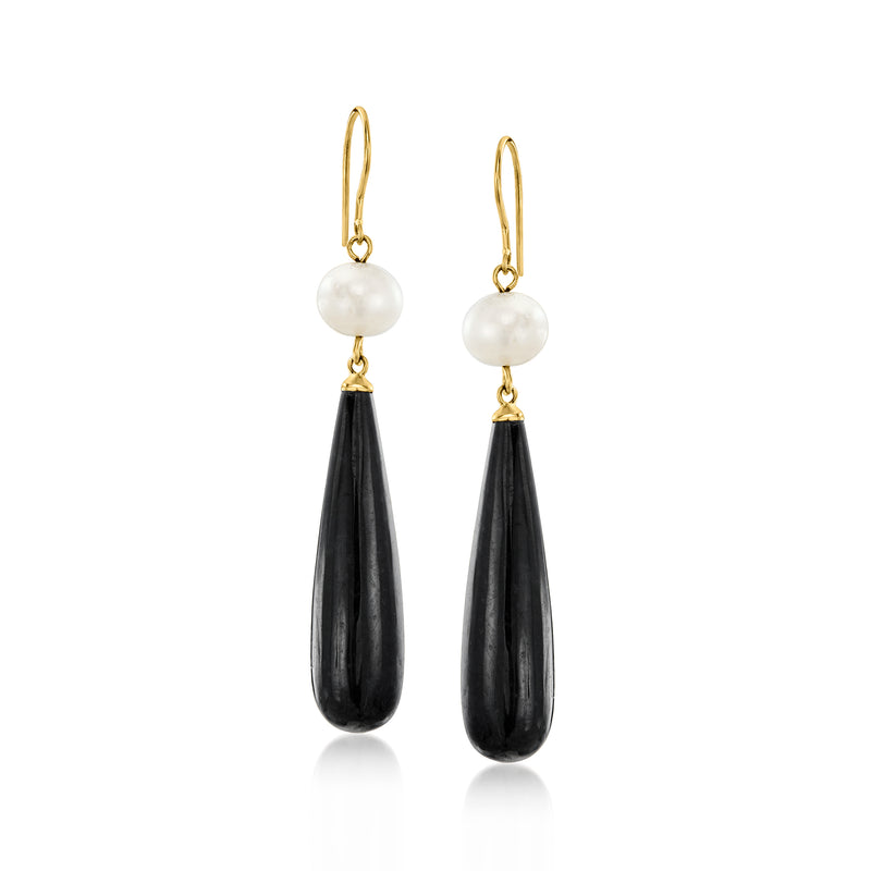 18kt yellow gold drop earrings with cultured pearl tops and black jade teardrops