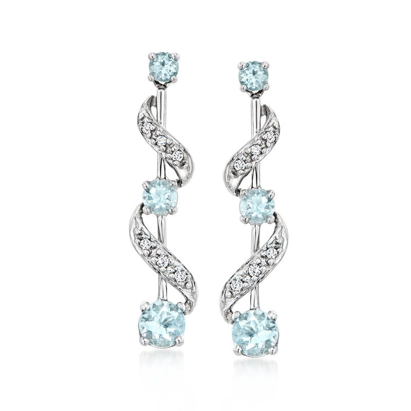 Vintage white gold spiral drop earrings with aquamarine and small diamond accents
