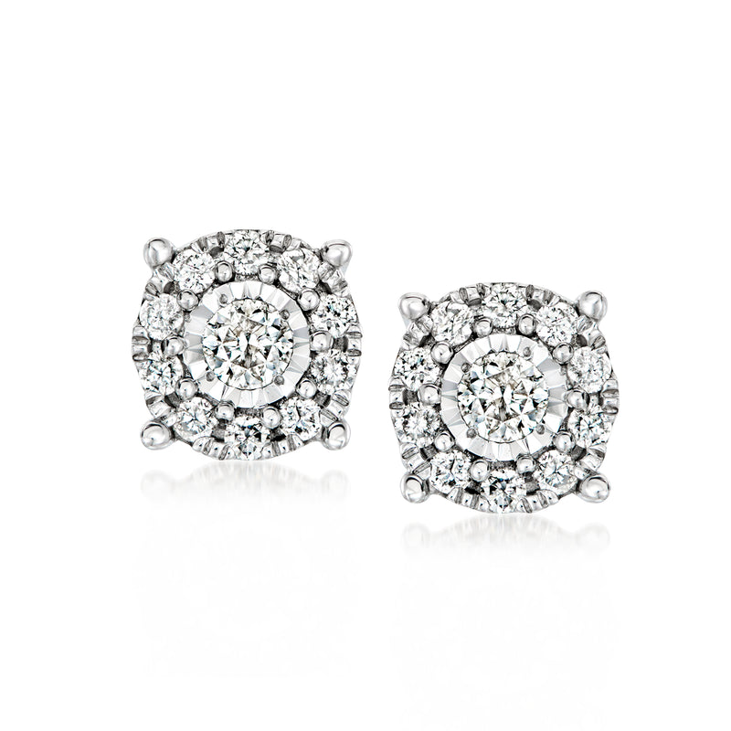 Vintage 14kt white gold diamond cluster stud earrings with round halo, post backs