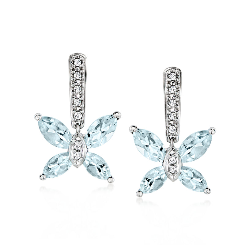 Vintage aquamarine and diamond butterfly post earrings in white gold