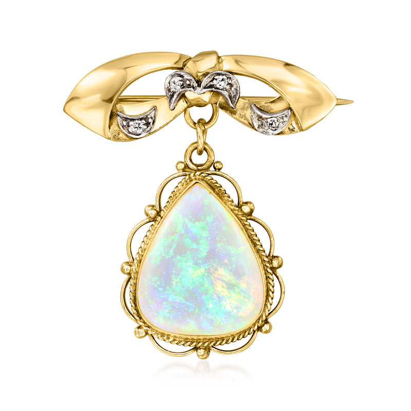 14kt yellow gold bow drop pin with bezel-set opal teardrop and diamond accents