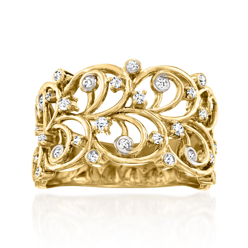 14kt yellow gold openwork diamond ring with swirling filigree and round gemstones