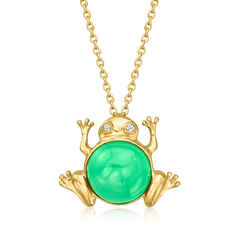Gold frog pendant necklace with green jade-style stone and small diamond accents