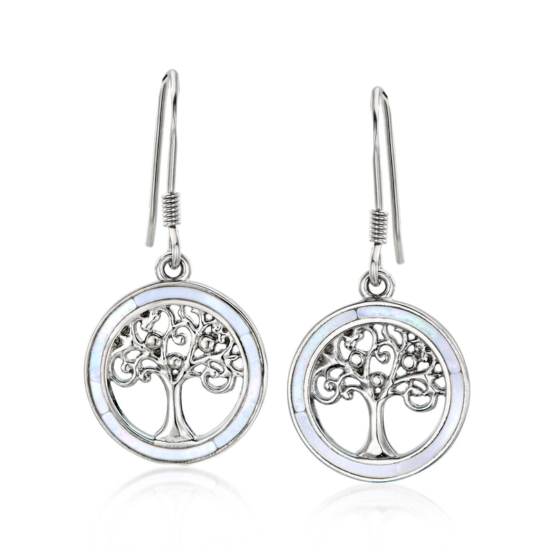 Sterling silver drop earrings with round Tree of Life motif and mother-of-pearl inlay