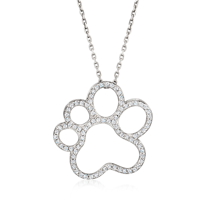 Sterling silver paw print outline pendant necklace with CZ crystal accents