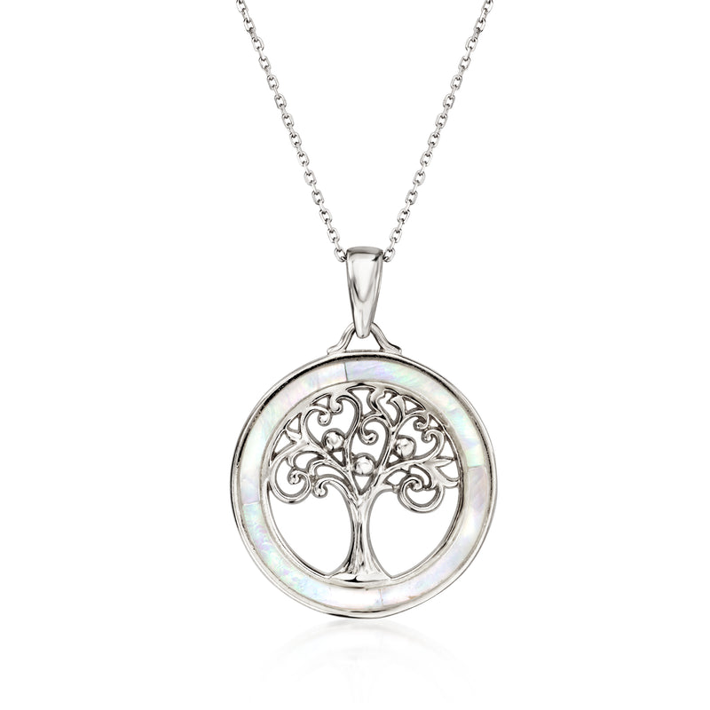 Sterling silver tree of life pendant necklace with round mother-of-pearl inlay