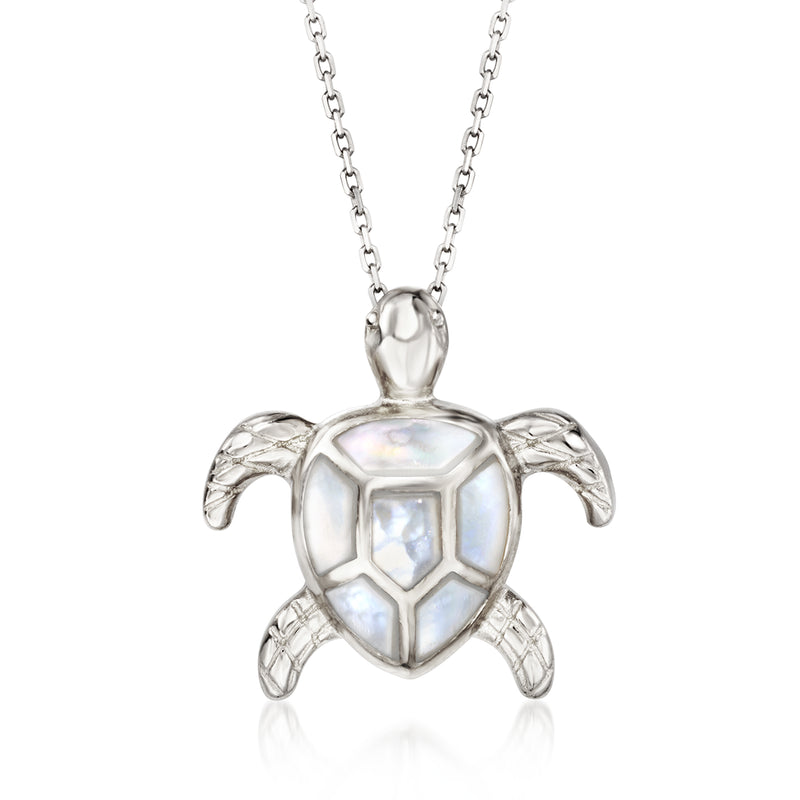 Sterling silver sea turtle pendant necklace with iridescent mother-of-pearl inlays