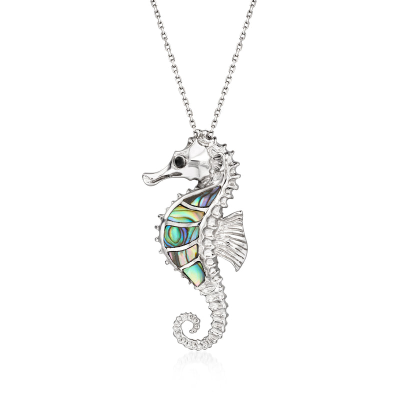 Sterling silver seahorse pendant with abalone shell inlay and black enamel, chain