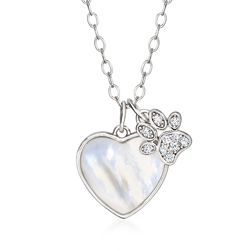 Sterling silver heart pendant necklace with mother-of-pearl and CZ paw charm